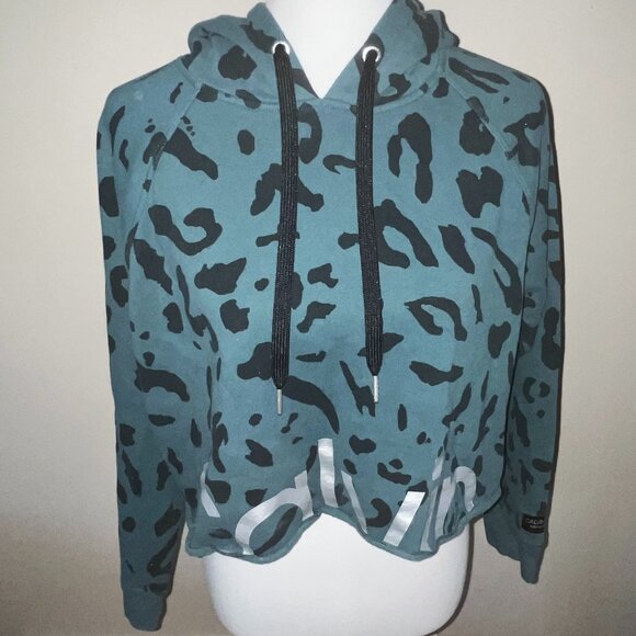 Blue Clavin Klein Cropped Hoodie with Black Leopard Print - Picture 1 of 4